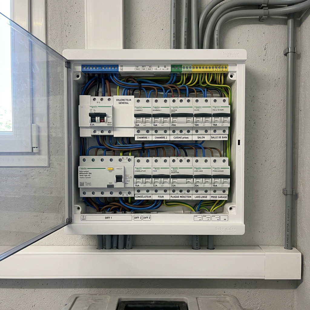 Electrical panel showing labeled circuit breakers for rooms and appliances